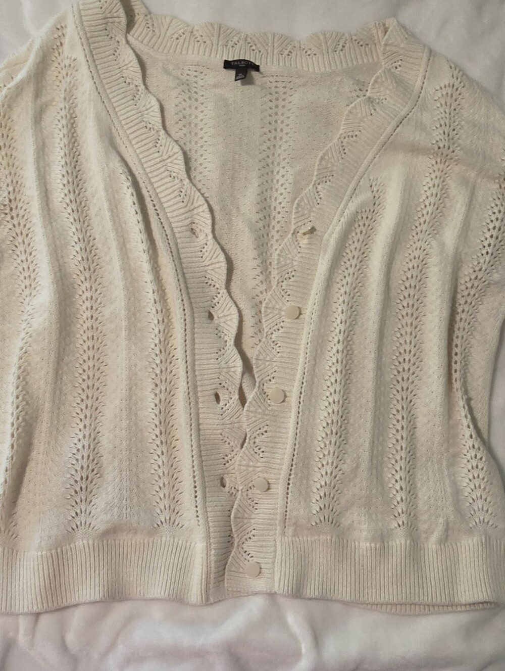 Talbots Cream Scalloped-Trim Knit Button Cardigan